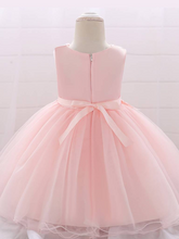 Load image into Gallery viewer, Baby dress has a tulle overlay with flower applique and a satin belt with rhinestone detail-pink