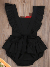 Load image into Gallery viewer, Baby little onesie has big red flower appliques and ties at the back for easy slip-on  black
