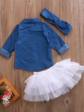 Load image into Gallery viewer, Baby set features a denim shirt with front buttons and a tutu skirt with matching headbands

