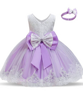 Load image into Gallery viewer, Baby Floral Lace Embroidered Beaded Dress with Bow-lilac
