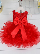 Load image into Gallery viewer, Baby princess dress has a satin bodice with pearl details, a bow belt at the waist, and a layered tulle skirt -red
