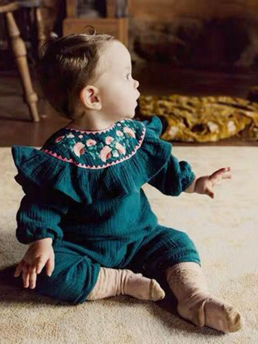 Baby Flouncy Flower Embroidered Romper Onesie Green