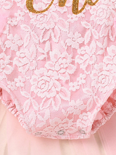 Load image into Gallery viewer, Baby lace overall onesie that ties at the back with tulle train, little ruffles at the shoulder, and a gold &quot;One&quot; printed on the bodice
