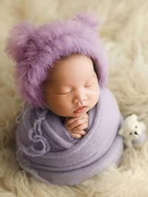 Load image into Gallery viewer, Baby set features a knitted shawl - wrap with a faux fur cap with ears and a little doll lilac
