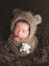 Load image into Gallery viewer, Baby set features a knitted shawl - wrap with a faux fur cap with ears and a little doll brown
