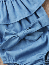 Load image into Gallery viewer, Baby Denim onesie large bib with bow and matching headband 6Mon to 2T
