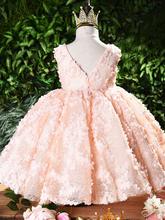 Load image into Gallery viewer, Baby tulle dress&#39; bodice has a delicate flower applique in tulle, has a multicolor layered skirt and bow at the back
