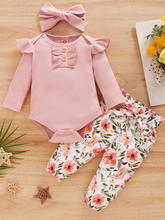 Load image into Gallery viewer, Baby Floral Pants Please 3 Piece Romper And Leggings Set Pink
