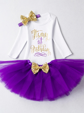 Load image into Gallery viewer, Baby white onesie with Ït&#39;s My 1st Birthday&quot; graphic print,&nbsp;the tutu skirt has a sequin bow. Comes with a matching sequin headband.
