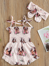 Load image into Gallery viewer, Baby pink onesie with bunny prints and a stretchy bodice with adjustable shoulder straps with a matching headband
