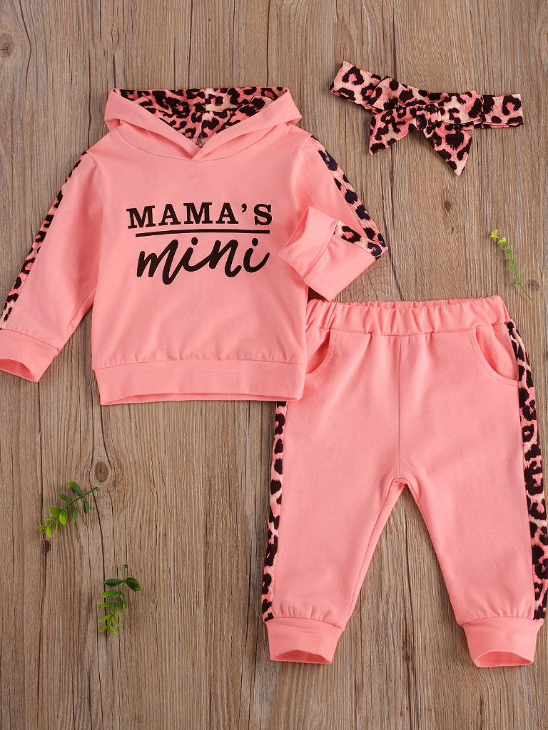 Baby 'Mama's Mini' Hooded Leopard Lined Sweatshirt and Pants Set Pink