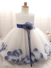 Load image into Gallery viewer, Baby Dress with Flower pedal hem and belt with flower applique blue
