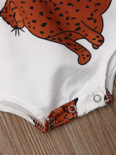 Load image into Gallery viewer, Baby white onesie with leopards printed has ruffled short sleeves and a cute collar. Front button and elastic waist.
