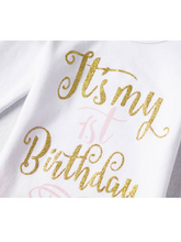 Load image into Gallery viewer, Baby white onesie with Ït&#39;s My 1st Birthday&quot; graphic print,&nbsp;the tutu skirt has a sequin bow. Comes with a matching sequin headband.
