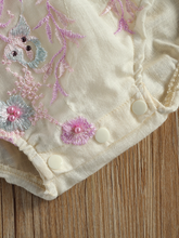 Load image into Gallery viewer, Baby overall style onesie with delicate flower embroidered, lace ruffles on the bum that ties in the back, tulle, and lace ruffled shoulders
