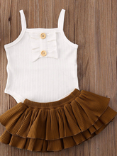 Load image into Gallery viewer, Baby onesie bodysuit has a cute ruffle detail and front buttons and spaghetti straps and skirted bloomers
