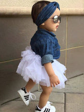 Load image into Gallery viewer, Baby set features a denim shirt with front buttons and a tutu skirt with matching headbands
