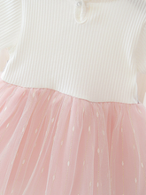 Load image into Gallery viewer, Baby Spring dress has a tulle overlay and a satin belt with a flower applique Pink-White
