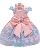 Load image into Gallery viewer, Baby Floral Lace Embroidered Beaded Dress with Bow-Light Blue
