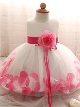 Load image into Gallery viewer, Baby Dress with Flower pedal hem and belt with flower applique pink
