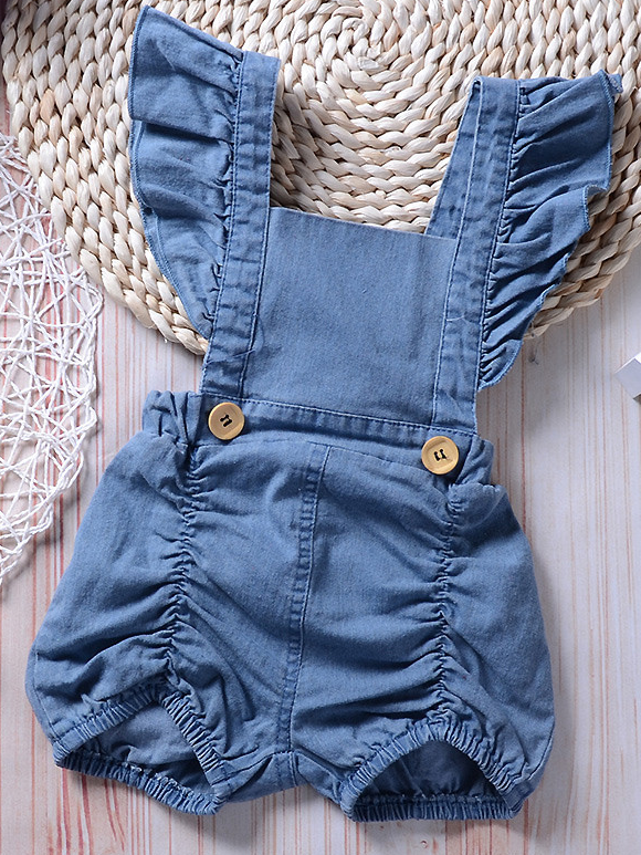 Baby overall style romper onesie has ruffled shoulder straps that tie on the back. has 2 little buttons on the front to make it even more stylish