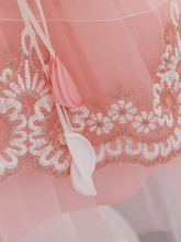 Load image into Gallery viewer, Baby dress has embroidered tulle overlay bodice and hi-lo tulle overlay skirt, removable big bow accent at the back and flower applique at the front
