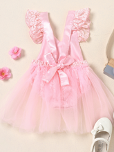Load image into Gallery viewer, Baby lace overall onesie that ties at the back with tulle train, little ruffles at the shoulder, and a gold &quot;One&quot; printed on the bodice
