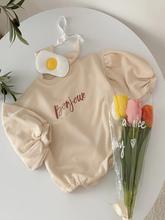 Load image into Gallery viewer, Baby &#39;Bonjour le Bébé&#39; Long Sleeve Onesie With Egg Headband Creme
