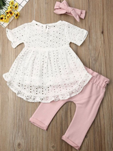 Load image into Gallery viewer, Baby set features an eyelet hi-lo tunic and belted leggings
