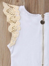 Load image into Gallery viewer, Baby set features a short-sleeved onesie with a crochet ruffle at the shoulder and embroidered shorts with a sash
