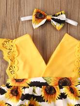 Load image into Gallery viewer, Baby yellow romper onesie with a skirt overlay with sunflower print and matching headband

