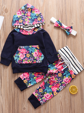 Load image into Gallery viewer, Baby Autumn Floral Fun Hooded Sweater, Legging, And Headband Set Navy
