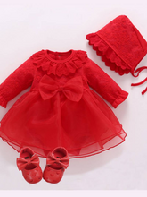 Load image into Gallery viewer, Baby set features a onesie with a tulle skirt, matching shoes, and cap

