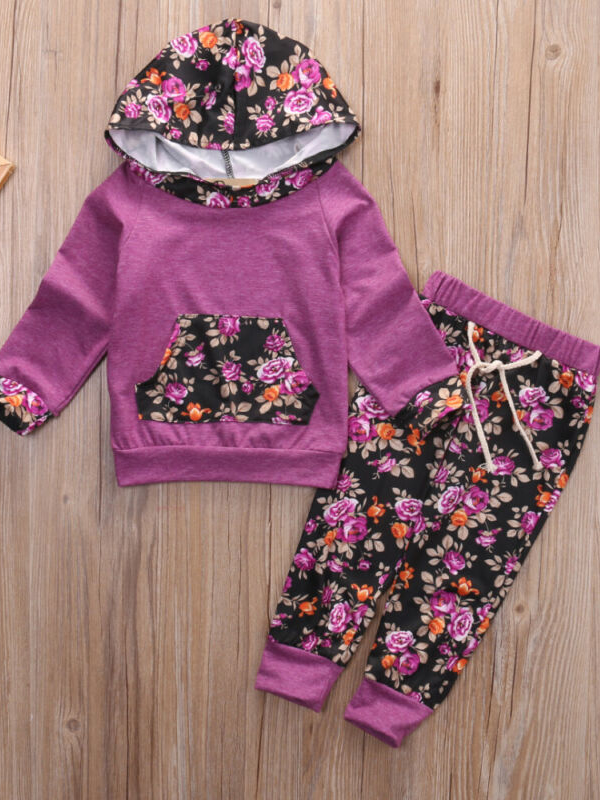Baby Active Angel Floral Hooded Long Sleeve Top And Pants Set Purple
