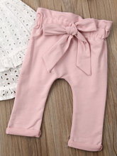 Load image into Gallery viewer, Baby set features an eyelet hi-lo tunic and belted leggings
