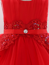Load image into Gallery viewer, Baby dress has a tulle overlay with flower applique and a satin belt with rhinestone detail-red
