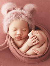 Load image into Gallery viewer, Baby set features a knitted shawl - wrap with a faux fur cap with ears and a little doll pink
