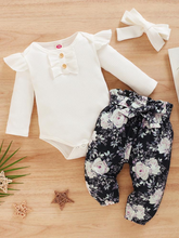Load image into Gallery viewer, Baby Floral Pants Please 3 Piece Romper And Leggings Set White
