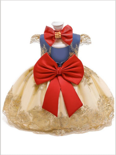 Baby Floral Lace Embroidered Beaded Dress with Bow-Gold