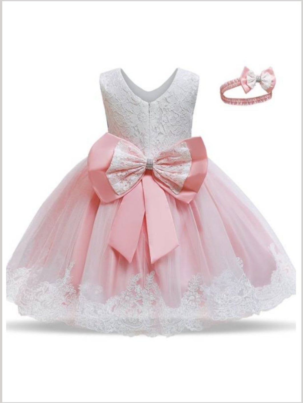 Baby Floral Lace Embroidered Beaded Dress with Bow-pink