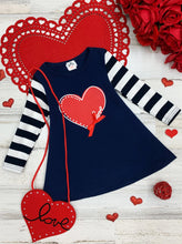 Load image into Gallery viewer, Girls navy dress with striped long sleeves dress with a heart print,  and a red love, heart purse Set 2T-10Y
