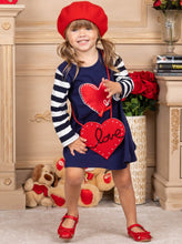 Load image into Gallery viewer, Girls navy dress with striped long sleeves dress with a heart print, and a red love, heart purse Set 2T-10Y
