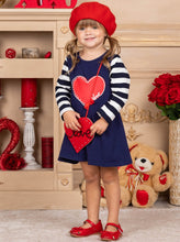 Load image into Gallery viewer, Girls navy dress with striped long sleeves dress with a heart print, and a red love, heart purse Set 2T-10Y
