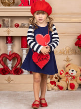 Load image into Gallery viewer, Girls navy dress with striped long sleeves dress with a heart print, and a red love, heart purse Set 2T-10Y
