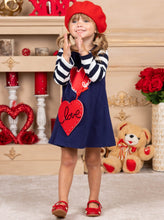 Load image into Gallery viewer, Girls navy dress with striped long sleeves dress with a heart print, and a red love, heart purse Set 2T-10Y
