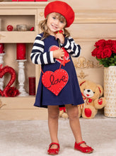 Load image into Gallery viewer, Girls navy dress with striped long sleeves dress with a heart print, and a red love, heart purse Set 2T-10Y
