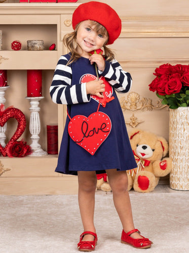 Girls navy dress with striped long sleeves dress with a heart print, and a red love, heart purse Set 2T-10Y