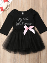 Load image into Gallery viewer, tutu dress has a long sleeved black bodice with &quot;My Little Black Dress&quot; in rhinestones and a tutu skirt
