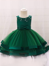 Load image into Gallery viewer, Baby dress features beautiful beads on the bodice, voile with satin hem-green
