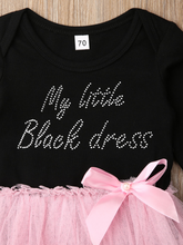 Load image into Gallery viewer, tutu dress has a long sleeved black bodice with &quot;My Little Black Dress&quot; in rhinestones and a tutu skirt
